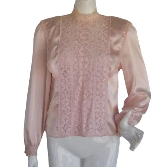 Vintage ILLUSTRATIONS Blouse, S, Lace Front, Statement shoulder, Long sleeve 80s - Picture 1 of 12